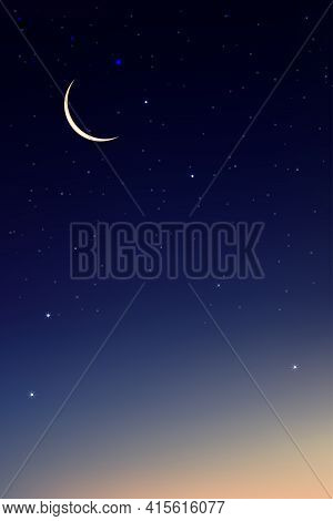 Night Sky With Crescent Moon And Stars Shining, Landscape Dramatic Dark Blue, Purple And Orangesky, 