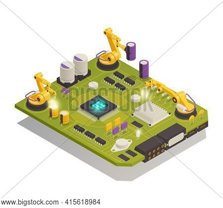 Intelligent Manufacturing Isometric Composition With Robotic Hands Assembling Semiconductor Electron