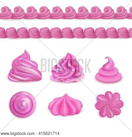 Whipped Pink Cream Dessert Decorations Top Side Views Realistic Set With Seamless Border And Swirls 
