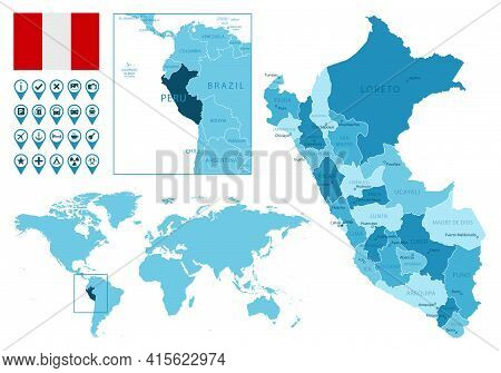 Peru Detailed Administrative Blue Map With Country Flag And Location On The World Map. Vector Illust
