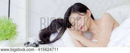 Beautiful Asian Young Woman In Underwear Sleep Lying On Bed With Comfort And Happy Leisure At Bedroo