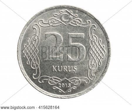 Turkey Twenty Five Kurus Coin On A White Isolated Background