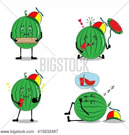 Set Of Funny Cute Watermelon Fruits Characters