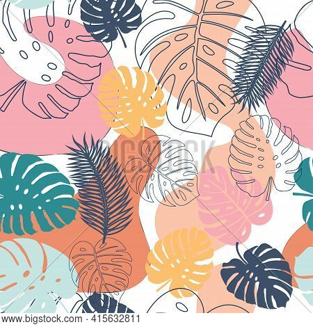 Tropical Seamless Pattern With Leaves. Fashionable Summer Background.
