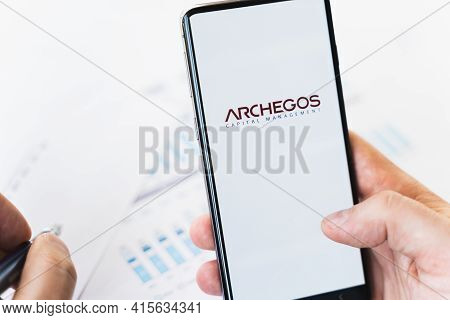 Russia Moscow 29.03.2021 Mobile Phone With Logo Of Archegos Capital Management.investment Finance Co