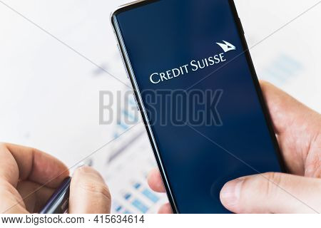 Russia Moscow 29.03.2021 Mobile Phone With Logo Of Credit Suisse Swiss Bank.investment Finance Compa