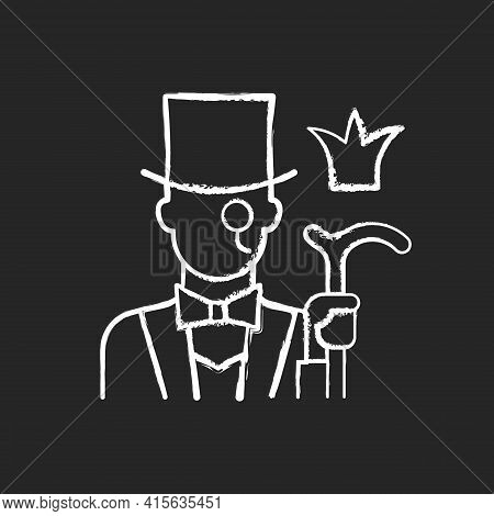 Aristocratic Elite Chalk White Icon On Black Background. Posh Gentleman With Monocle. Rich Person, W