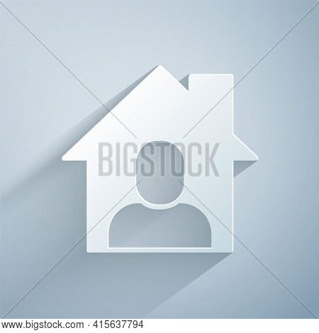 Paper Cut Online Working Icon Isolated On Grey Background. Freelancer Man Working On Laptop At His H
