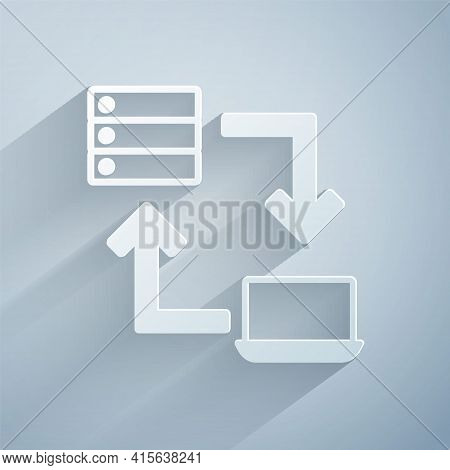 Paper Cut Online Working Icon Isolated On Grey Background. Freelancer Man Working On Laptop At His H