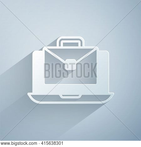 Paper Cut Online Working Icon Isolated On Grey Background. Freelancer Man Working On Laptop At His H