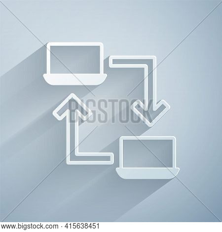 Paper Cut Online Working Icon Isolated On Grey Background. Freelancer Man Working On Laptop At His H