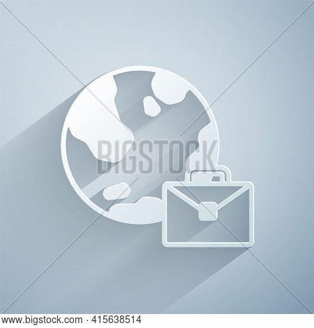 Paper Cut Online Working Icon Isolated On Grey Background. Freelancer Man Working On Laptop At His H
