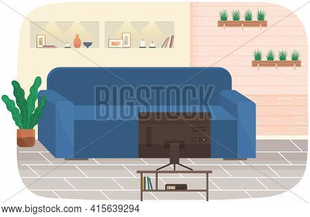 Modern Living Room Interior Design. Design Of Cozy Room With Sofa, Tv Stand And Decor Accessories