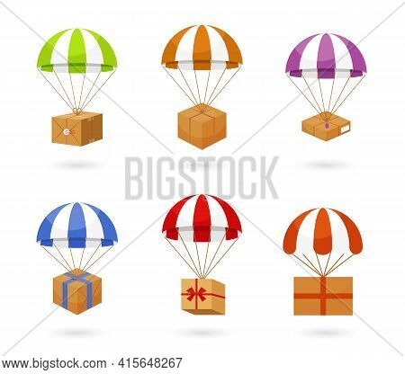 Set Of Colored Parachute Carrying Brown Boxes For Delivery  Isolated On White Background.