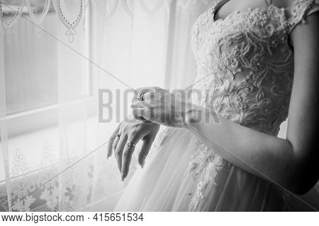 Bride Wearing Bracelet On The Hand Black And White