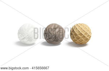 Blank Vanilla, Chocolate And Waffle Ice Cream Ball Mockup, Isolated, 3d Rendering. Empty Gelato And 