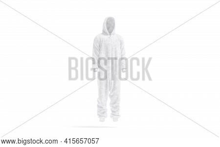 Blank White Plush Jumpsuit With Hood Mockup, Side View, 3d Rendering. Empty Velour Night Costume For