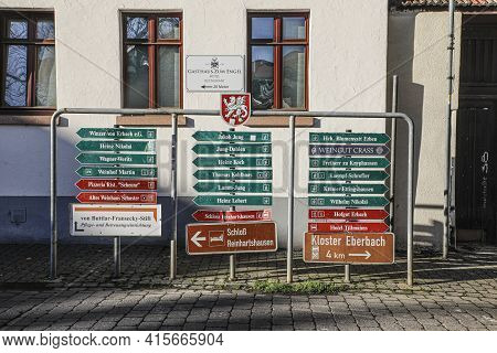 Erbach, Germany - January 10, 2021: Signage For Restaurants And Wineries In Erbach, A Village Near K