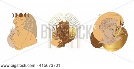 Set Of Hand Drawn Elements For Patches, Badges And Stickers. Roman Antique Statues.one Line Drawing 