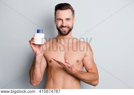 Photo Of Young Handsome Man Happy Positive Smile Recommend Aftershave Lotion Balm Advert Promo Isola