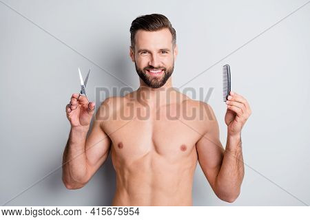 Photo Of Young Happy Positive Smile Bristle Man Hold Hairbrush Scissors Compare Advice Advert Isolat