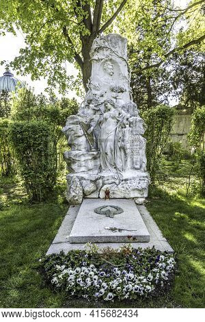 Vienna, Austria - April 26, 2015:  Johann Strauss Memorial In Zentralfriedhof, Vienna, Austria. Stra