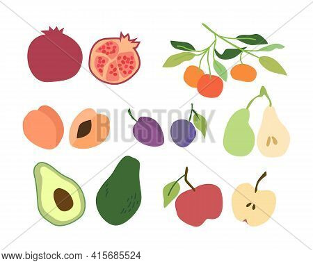 Ripe Colored Fruit Hand Drawn Vector Flar Set Eps10 Isolated On White