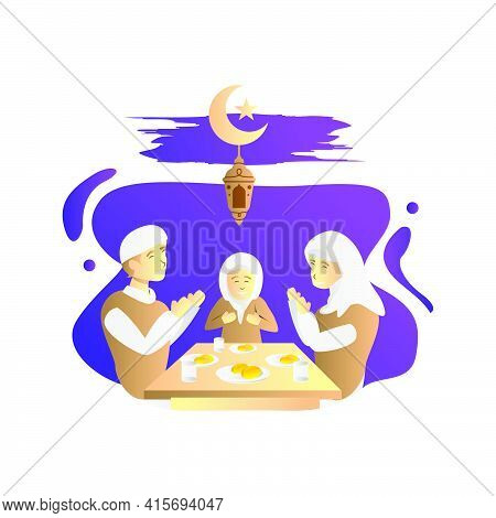 Suhoor Illustration Muslim Family Praying Before Eating