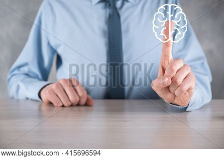 Businessman Holding Abstract Brain And Icon Tools, Device, Customer Network Connection Communication