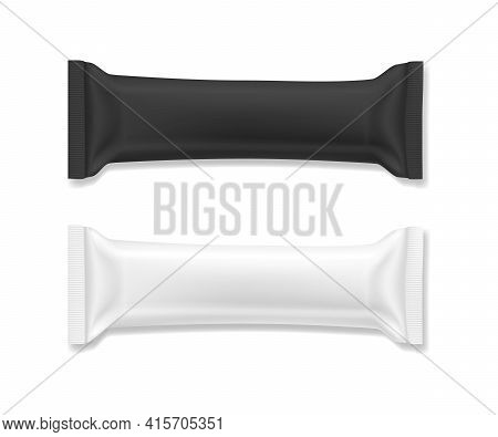 Flow Package Mockup. Vector Realistic Illustration Of Chocolate Bar Wrapper Pack, In White And Black