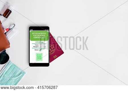 Smartphone With Valid Digital Vaccination Certificate Covid-19.inmunity Passport, Health And Surveil