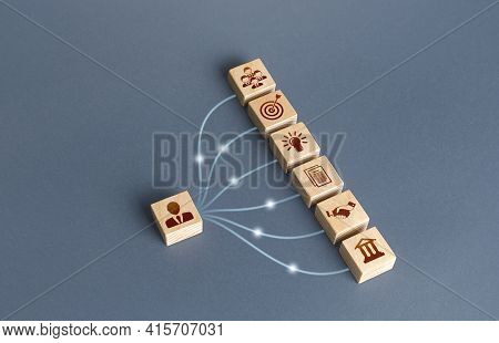 Businessman Blocks Linked With Business Attributes By Lines. Creation Of A Successful Company. Devel