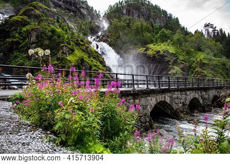 Latefossen Latefoss - One Of The Biggest Waterfalls In Norway, With Near Stone Bridge
