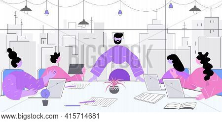 Businesspeople Discussing During Meeting At Round Table In Office Brainstorming Teamwork Concept