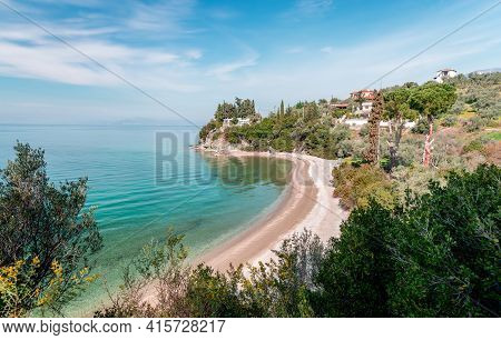 High Angle View Of Lagoudi Beach In Afissos, A Traditional Village Built Amphitheatrically On The Sl