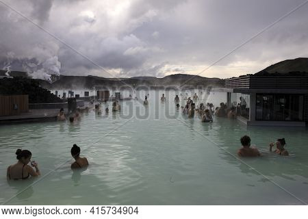 Grindavik / Iceland - August 15, 2017: Tourist Relaxing In Hot Water At Blue Lagoon, Reykjavik, Icel