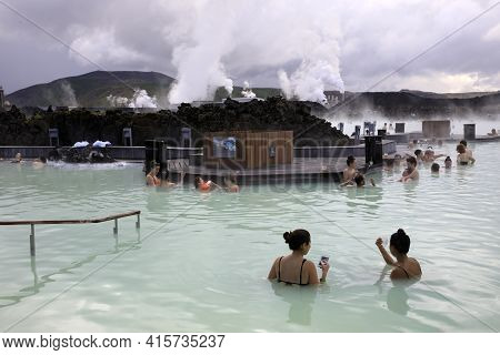 Grindavik / Iceland - August 15, 2017: Tourist Relaxing In Hot Water At Blue Lagoon, Reykjavik, Icel
