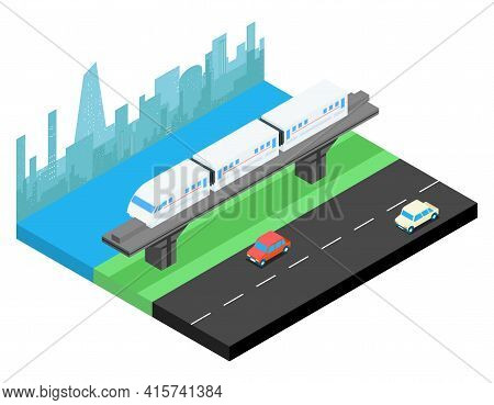 Sky Train And City Skyline Isometric. Railway Transportation, Railroad Urban, Vector Illustration