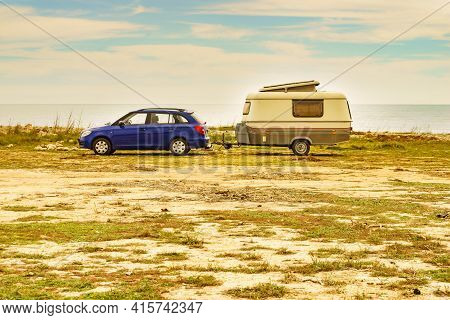 Caravan Trailer Camping On Coast, Spain.