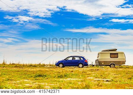 Caravan Trailer Camping On Coast, Spain.