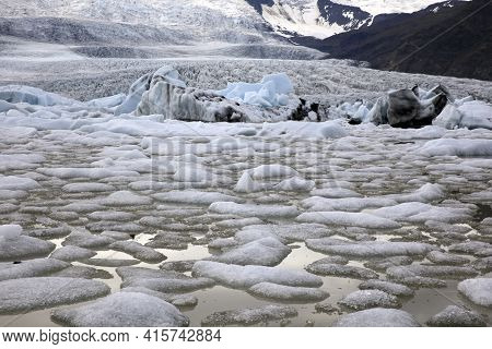Fjallsarlon / Iceland - August 18, 2017: Fjallsarlon Glacier Lagoon View With Ice Formations, Icelan