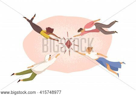 People Aspiring And Trying To Achieve Common Goal, Reach Target And Catch Their Fortune. Concept Of 