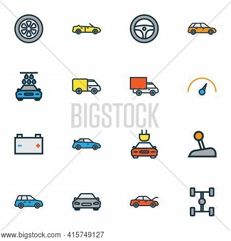 Car Icons Colored Line Set With Gear, Tesla, Crossover And Other Van Elements. Isolated Vector Illus