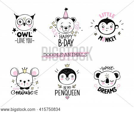 Doodle Animals Vector Set. Owl, Bear, Monkey, Mouse, Penguin, Koala Faces In Sketch Style. Funny Quo