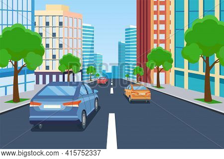 Highway Drive With Beautiful Landscape. Travel Road Car View. Road With Cars Leading To The City.. C