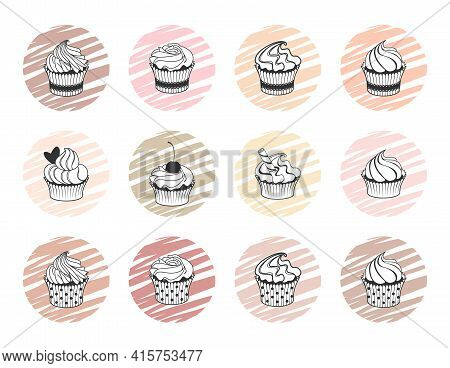 Icon, Label, Emblem, Logo, Badge With Muffins And Cupcakes Isolated On A White Background. Sweet And