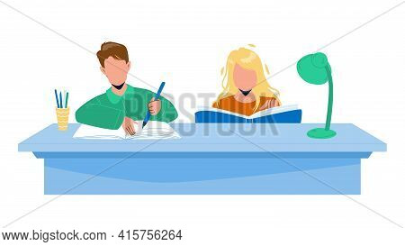 Pupils Doing Homework Together At Table Vector. Boy And Girl Doing Homework At Desk. Characters Read