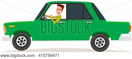 Lada, Sedan, Passenger Car With Screaming Driver. Angry Man Driving Green Car Vector Illustration
