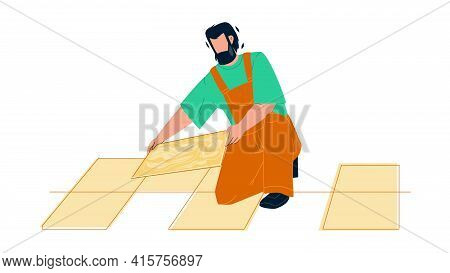 Tiler Man Installing Ceramic Floor Tiles Vector. Tiler Repairman Contractor Tilling Renovation Work.