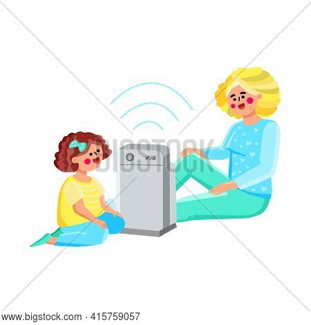 Air Purifier Cleaning And Wetting Gadget Vector. Woman And Little Girl Kid Sitting On Floor Near Ele